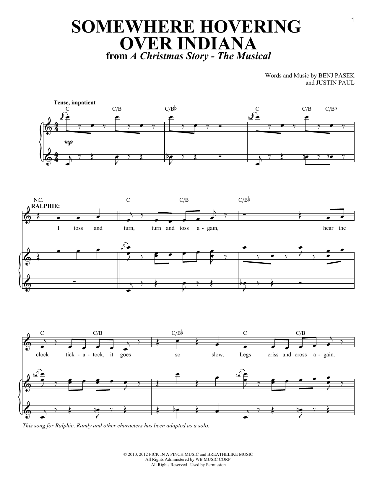 Download Justin Paul Somewhere Hovering Over Indiana Sheet Music and learn how to play Piano & Vocal PDF digital score in minutes