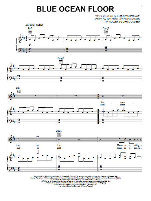 Download Justin Timberlake Blue Ocean Floor Sheet Music and learn how to play Piano, Vocal & Guitar (Right-Hand Melody) PDF digital score in minutes