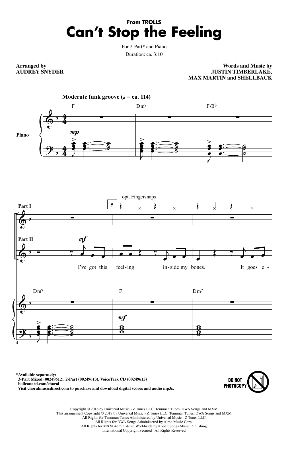 Download Audrey Snyder Can't Stop The Feeling Sheet Music and learn how to play 2-Part Choir PDF digital score in minutes