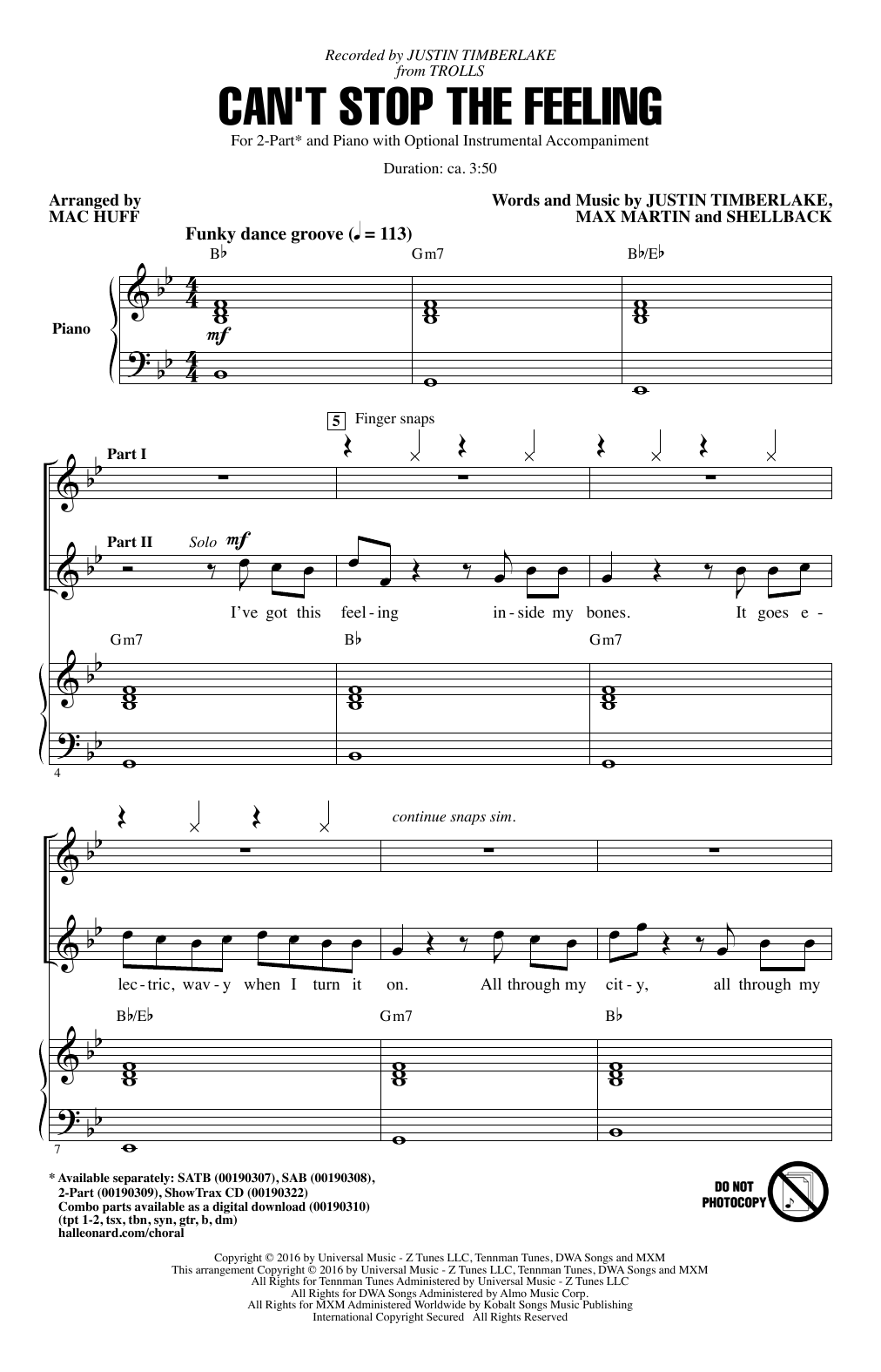 Download Mac Huff Can't Stop The Feeling Sheet Music and learn how to play SAB PDF digital score in minutes