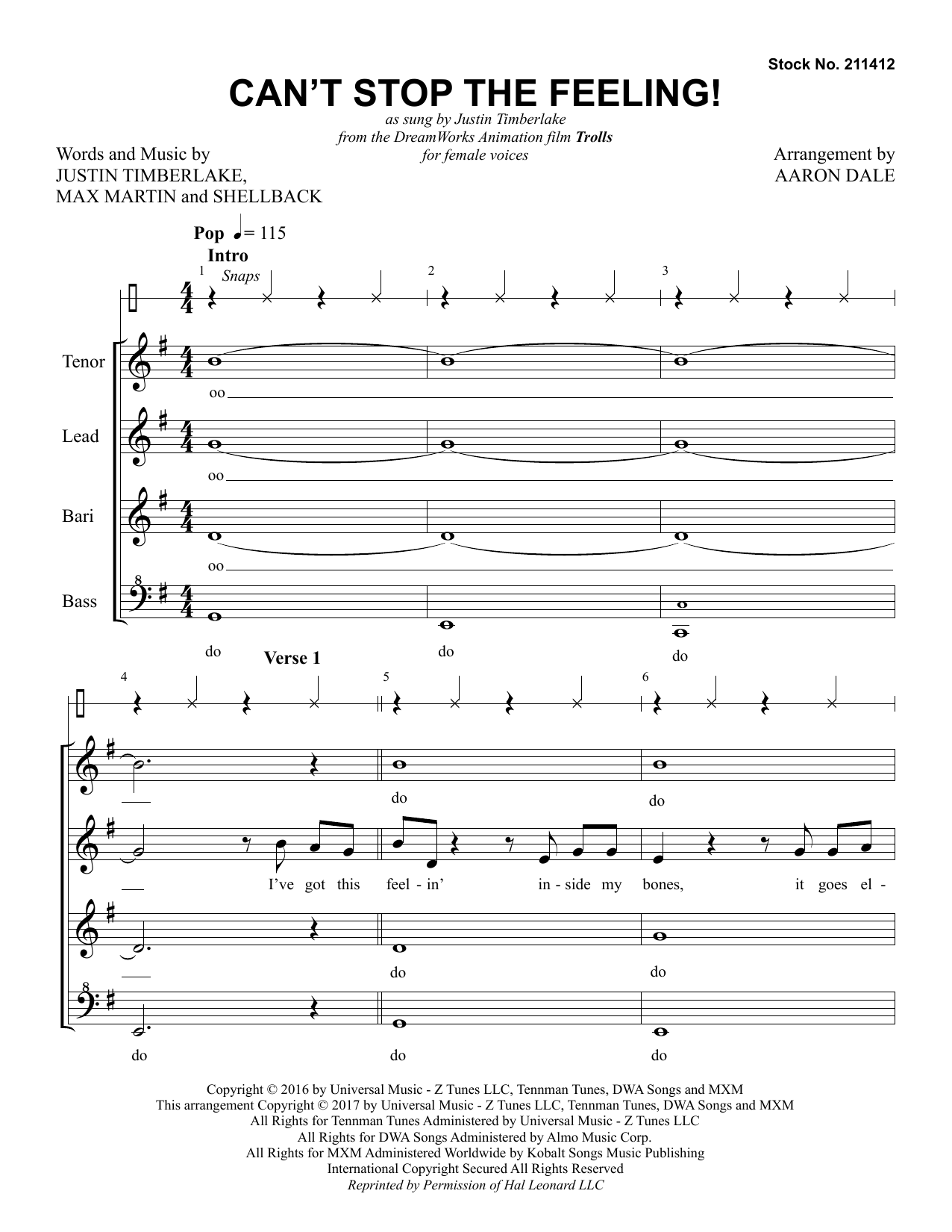 Download Justin Timberlake Can't Stop the Feeling! (arr. Aaron Dale) Sheet Music and learn how to play TTBB Choir PDF digital score in minutes