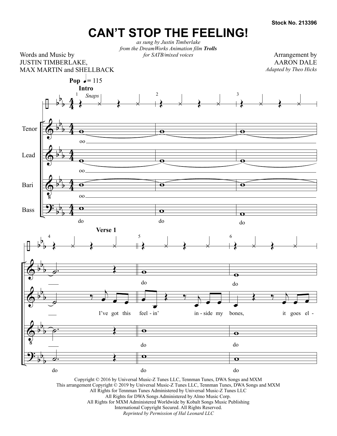 Download Justin Timberlake Can't Stop The Feeling! (from Trolls) (arr. Aaron Dale) Sheet Music and learn how to play SATB Choir PDF digital score in minutes