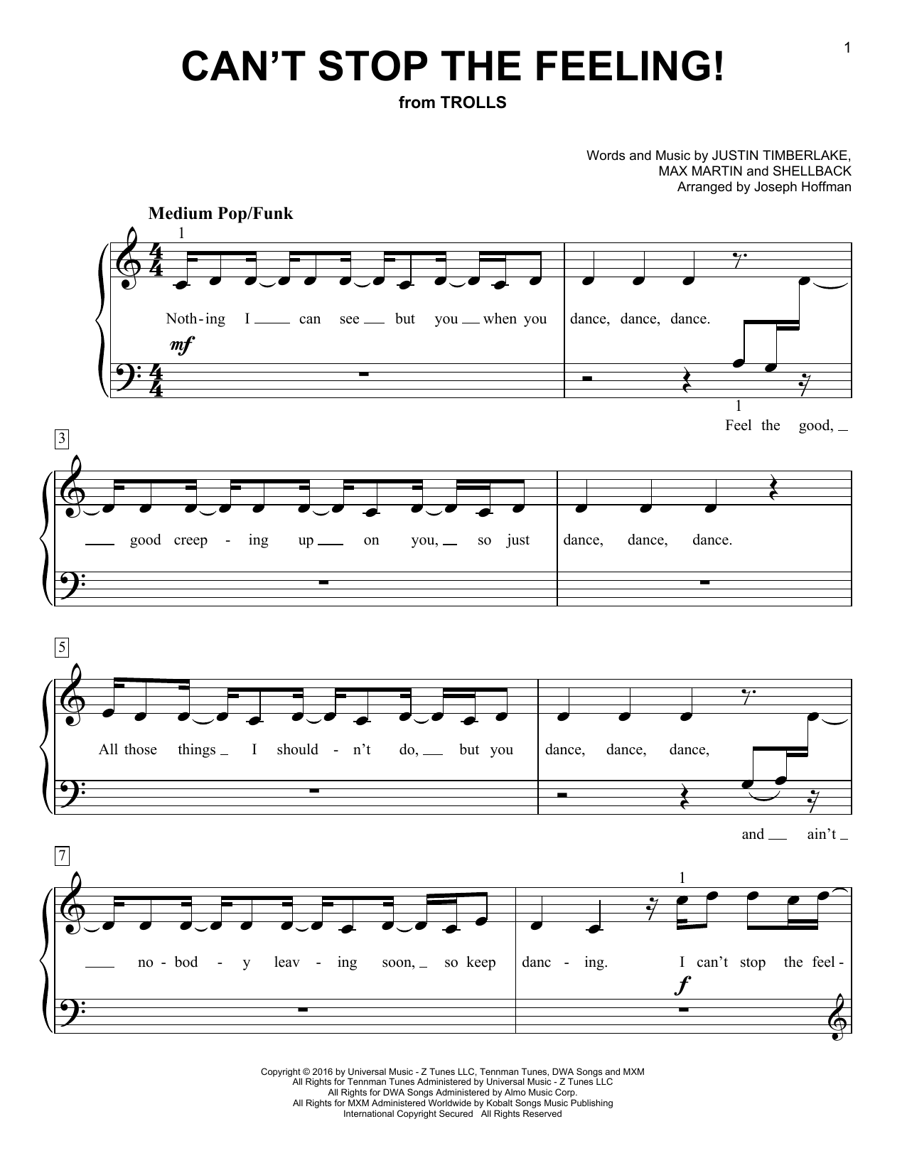 Download Justin Timberlake Can't Stop The Feeling! (from Trolls) (arr. Joseph Hoffman) Sheet Music and learn how to play Easy Piano PDF digital score in minutes