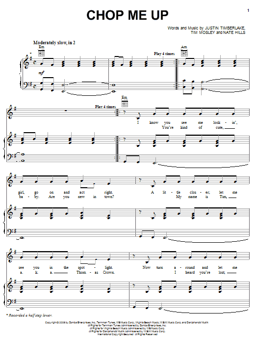 Download Justin Timberlake Chop Me Up Sheet Music and learn how to play Piano, Vocal & Guitar (Right-Hand Melody) PDF digital score in minutes