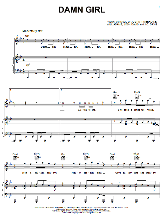 Download Justin Timberlake Damn Girl Sheet Music and learn how to play Piano, Vocal & Guitar (Right-Hand Melody) PDF digital score in minutes