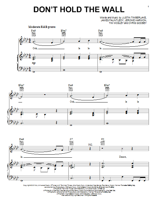 Download Justin Timberlake Don't Hold The Wall Sheet Music and learn how to play Piano, Vocal & Guitar (Right-Hand Melody) PDF digital score in minutes