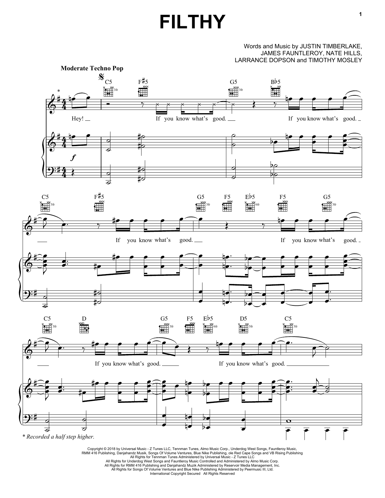 Download Justin Timberlake Filthy Sheet Music and learn how to play Piano, Vocal & Guitar (Right-Hand Melody) PDF digital score in minutes