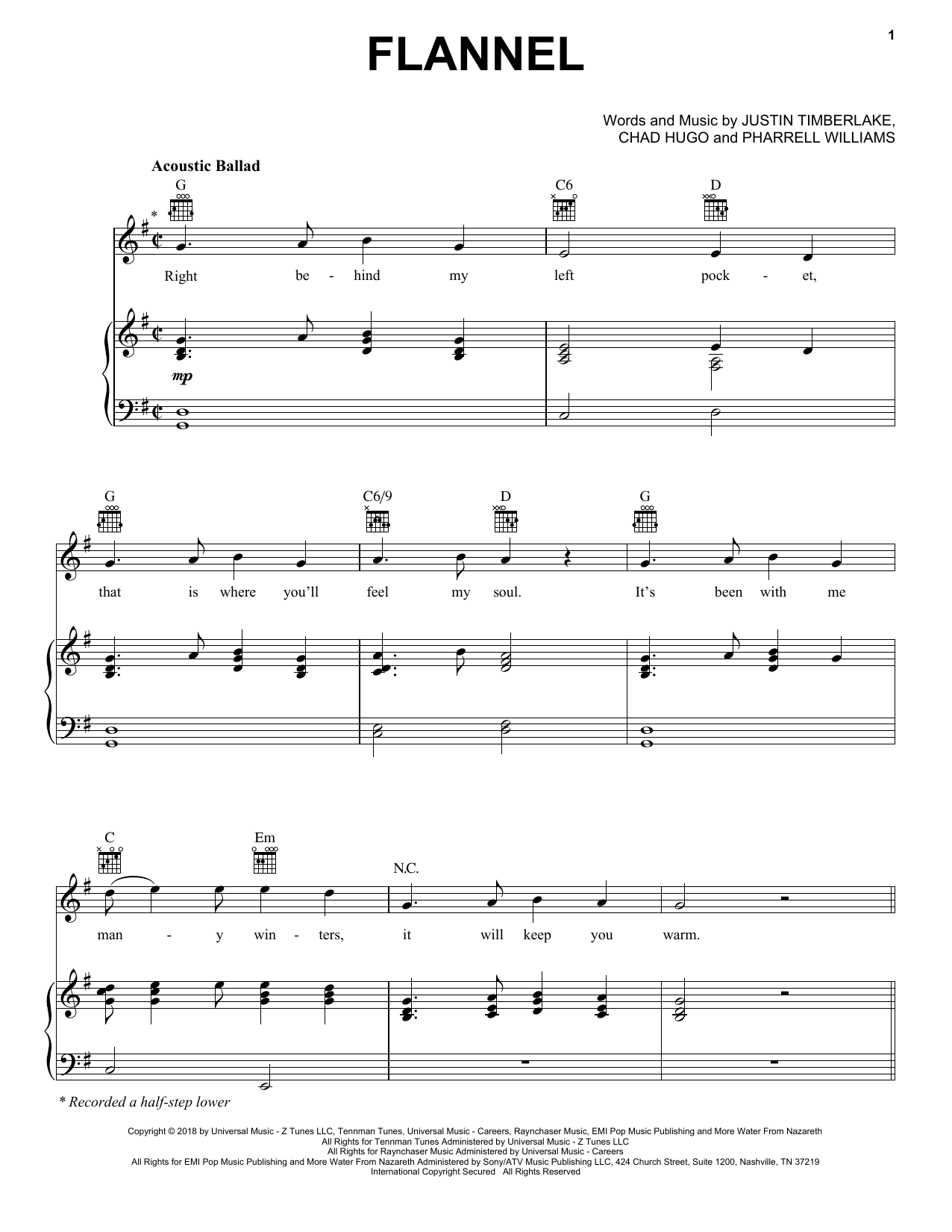 Download Justin Timberlake Flannel Sheet Music and learn how to play Piano, Vocal & Guitar (Right-Hand Melody) PDF digital score in minutes
