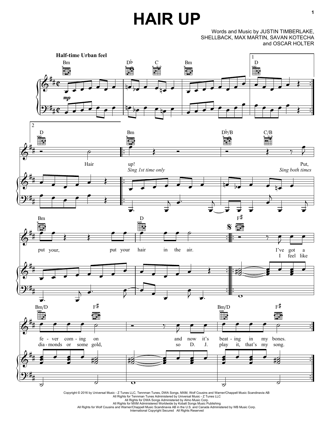 Download Justin Timberlake, Gwen Stefani and Ron Funches Hair Up Sheet Music and learn how to play Piano, Vocal & Guitar (Right-Hand Melody) PDF digital score in minutes