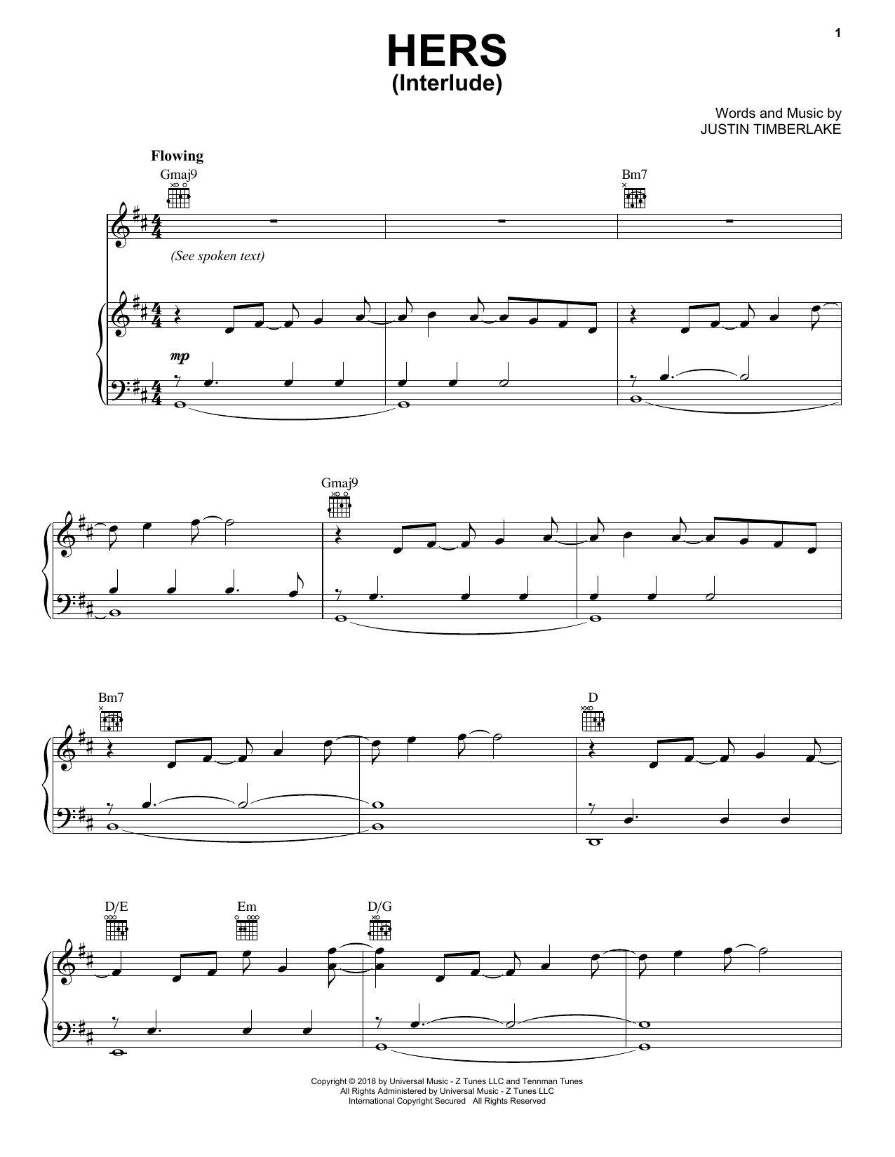 Download Justin Timberlake Hers Sheet Music and learn how to play Piano, Vocal & Guitar (Right-Hand Melody) PDF digital score in minutes