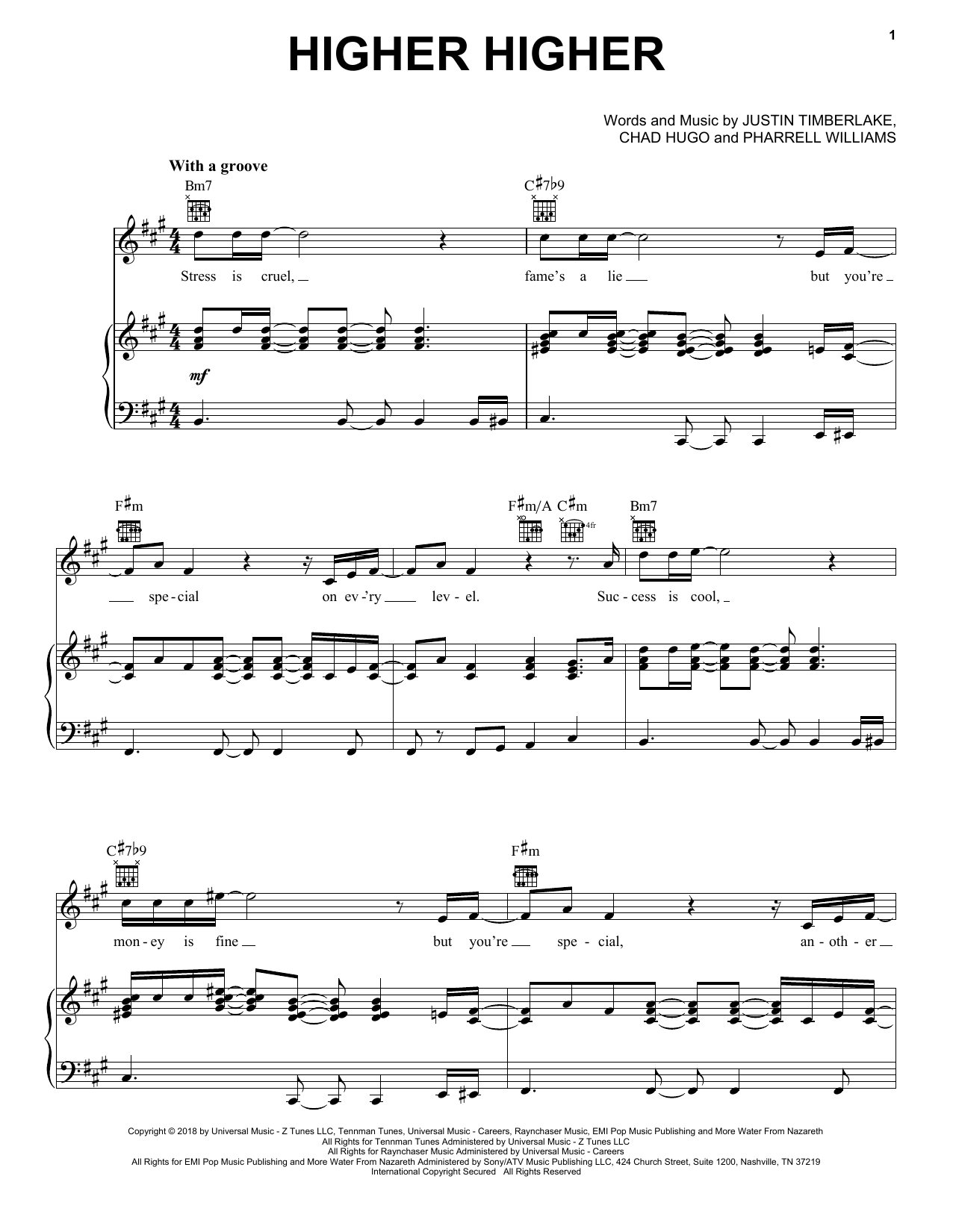 Download Justin Timberlake Higher Higher Sheet Music and learn how to play Piano, Vocal & Guitar (Right-Hand Melody) PDF digital score in minutes
