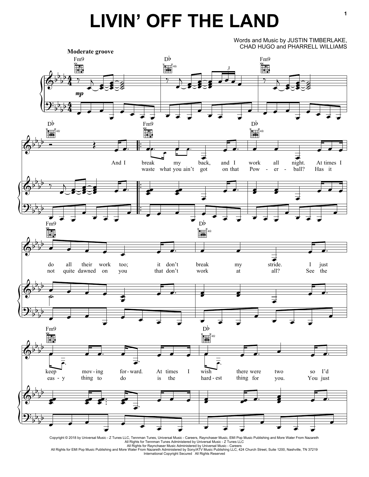 Download Justin Timberlake Livin' Off The Land Sheet Music and learn how to play Piano, Vocal & Guitar (Right-Hand Melody) PDF digital score in minutes