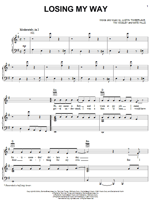 Download Justin Timberlake Losing My Way Sheet Music and learn how to play Piano, Vocal & Guitar (Right-Hand Melody) PDF digital score in minutes