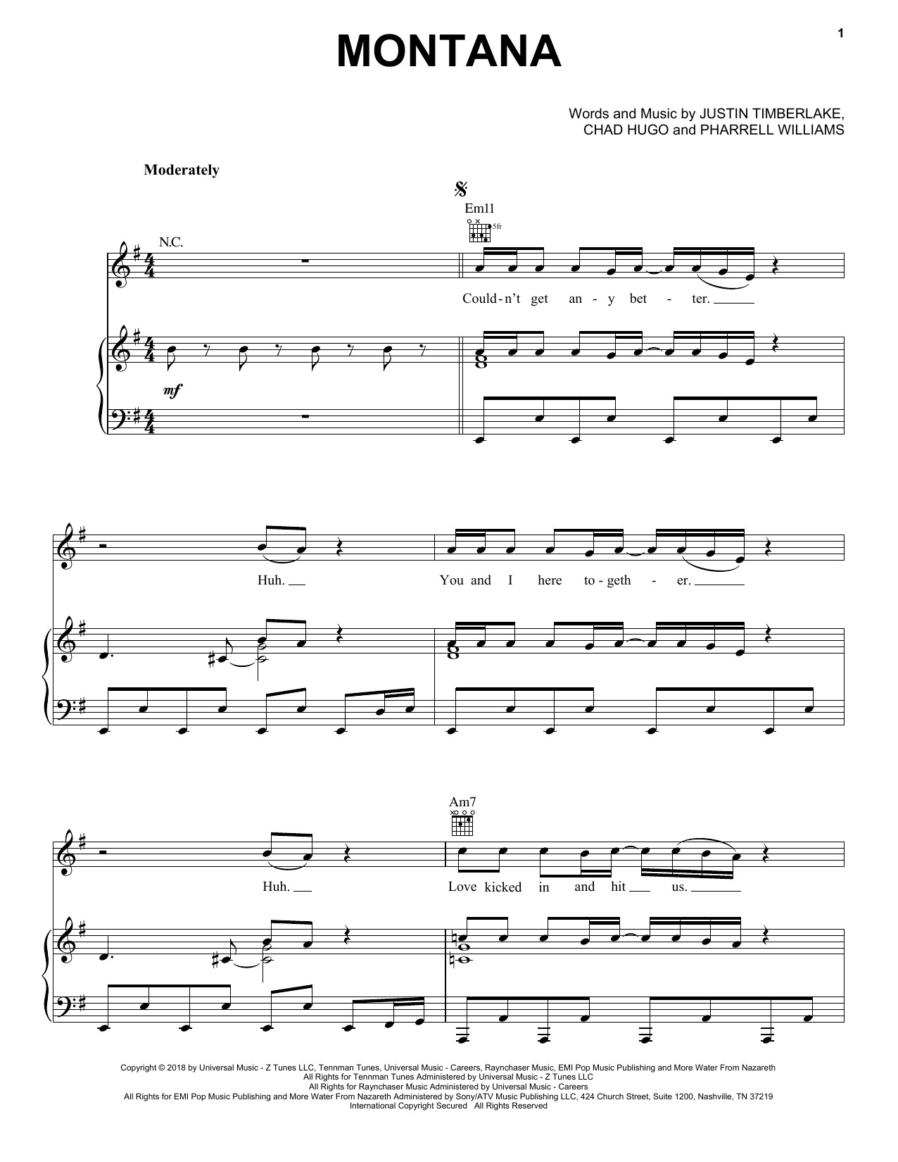 Download Justin Timberlake Montana Sheet Music and learn how to play Piano, Vocal & Guitar (Right-Hand Melody) PDF digital score in minutes