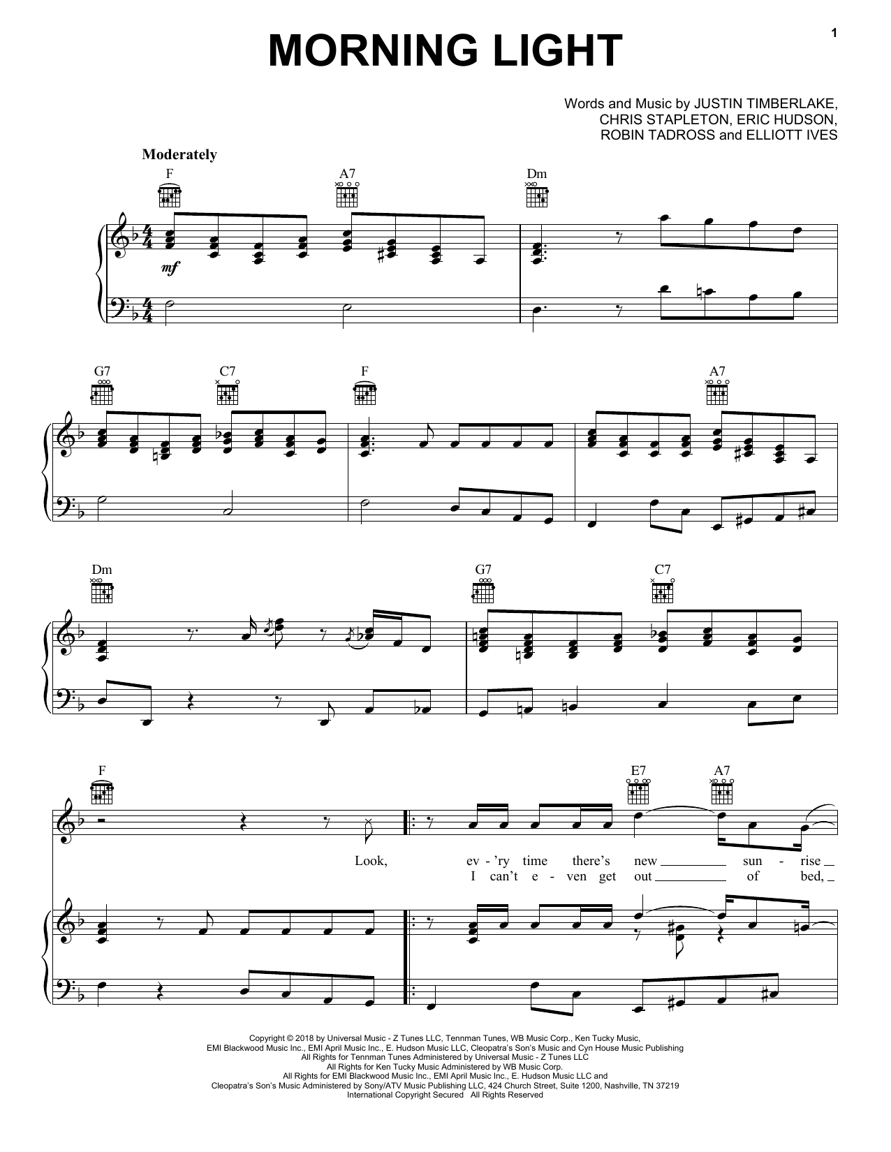 Download Justin Timberlake Morning Light Sheet Music and learn how to play Piano, Vocal & Guitar (Right-Hand Melody) PDF digital score in minutes