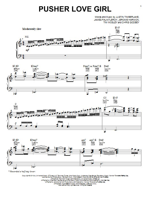 Download Justin Timberlake Pusher Love Girl Sheet Music and learn how to play Piano, Vocal & Guitar (Right-Hand Melody) PDF digital score in minutes