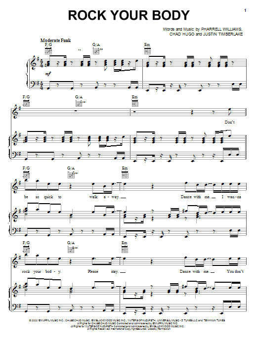 Download Justin Timberlake Rock Your Body Sheet Music and learn how to play Piano, Vocal & Guitar (Right-Hand Melody) PDF digital score in minutes