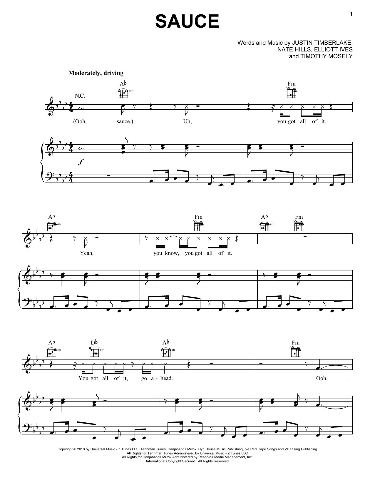 Download Justin Timberlake Sauce Sheet Music and learn how to play Piano, Vocal & Guitar (Right-Hand Melody) PDF digital score in minutes