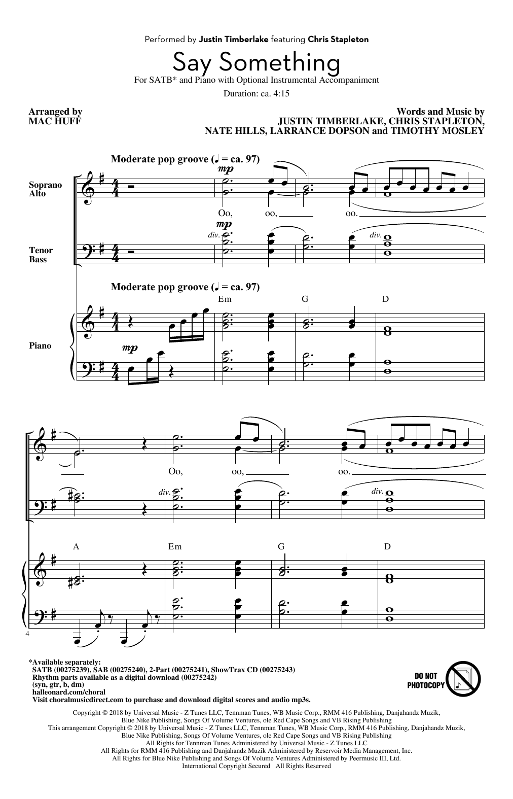 Download Justin Timberlake Say Something (feat. Chris Stapleton) (arr. Mac Huff) Sheet Music and learn how to play 2-Part Choir PDF digital score in minutes