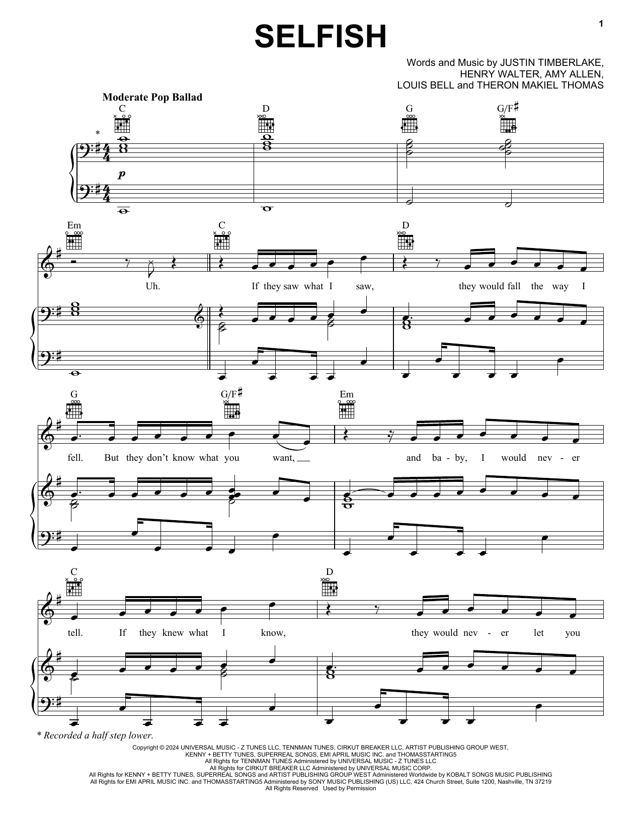 Download Justin Timberlake Selfish Sheet Music and learn how to play Piano, Vocal & Guitar Chords (Right-Hand Melody) PDF digital score in minutes