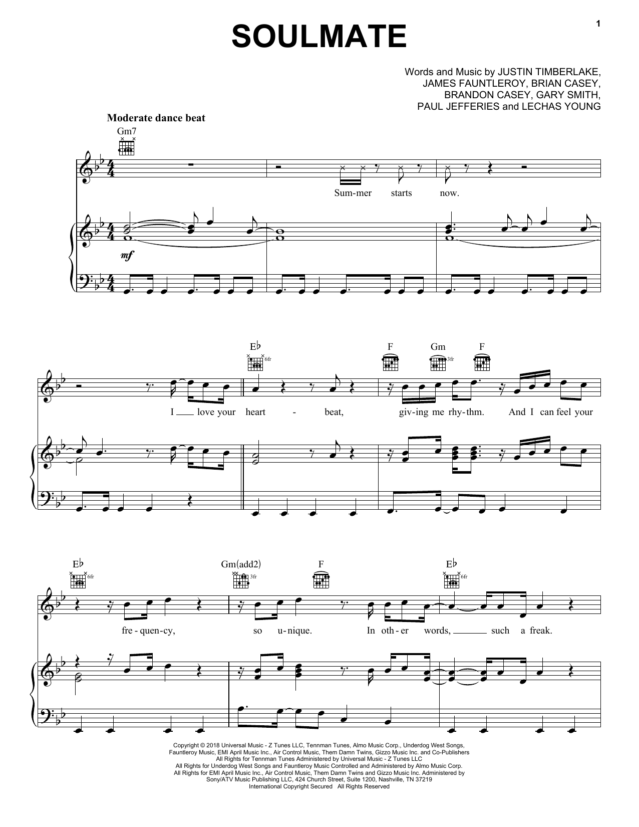 Download Justin Timberlake SoulMate Sheet Music and learn how to play Piano, Vocal & Guitar (Right-Hand Melody) PDF digital score in minutes