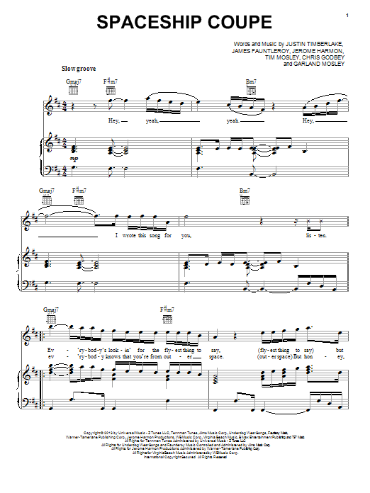 Download Justin Timberlake Spaceship Coupe Sheet Music and learn how to play Piano, Vocal & Guitar (Right-Hand Melody) PDF digital score in minutes