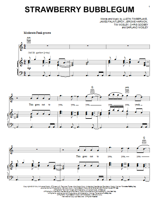 Download Justin Timberlake Strawberry Bubblegum Sheet Music and learn how to play Piano, Vocal & Guitar (Right-Hand Melody) PDF digital score in minutes