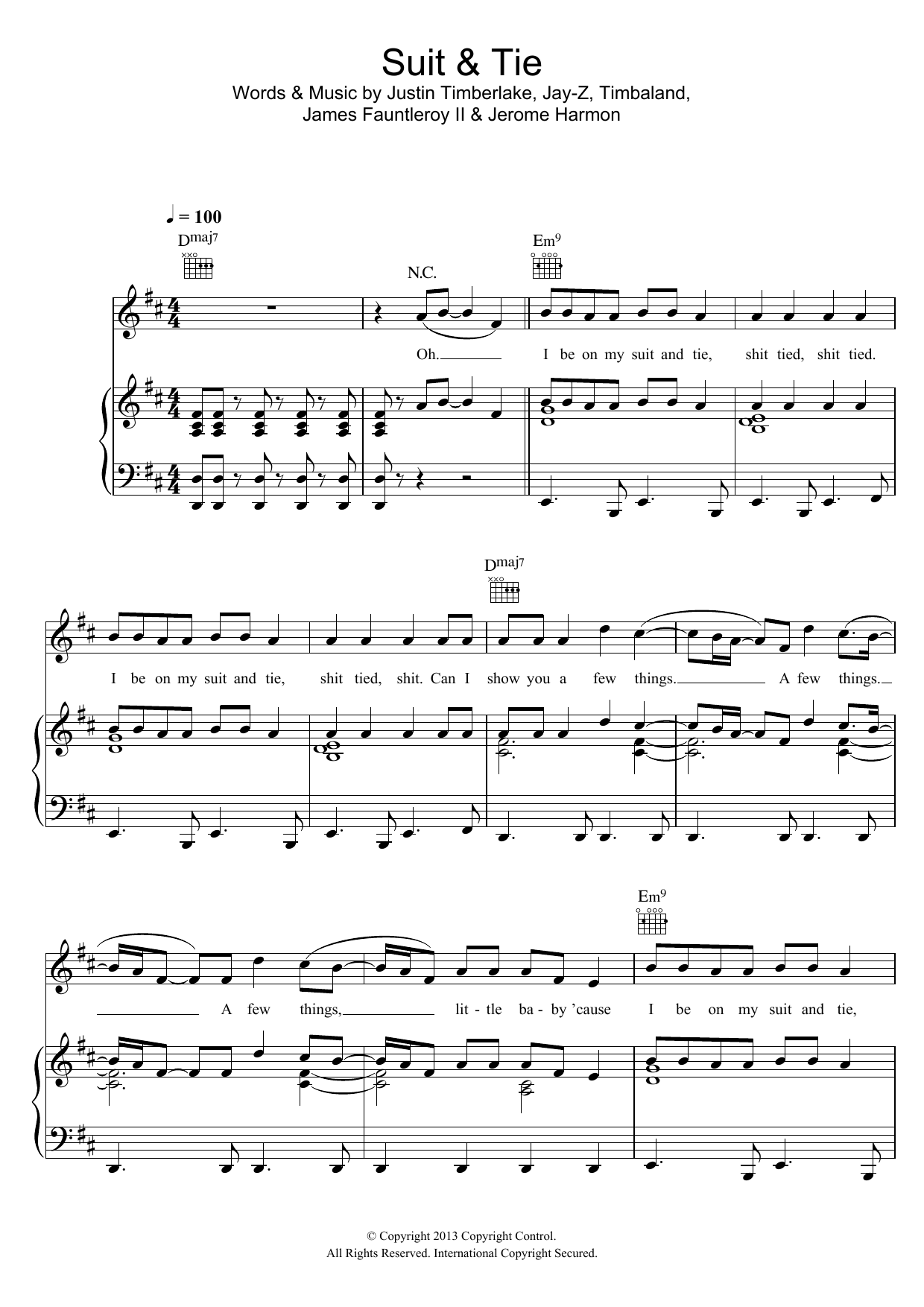 Download Justin Timberlake Suit & Tie (feat. Jay-Z) Sheet Music and learn how to play Piano, Vocal & Guitar (Right-Hand Melody) PDF digital score in minutes