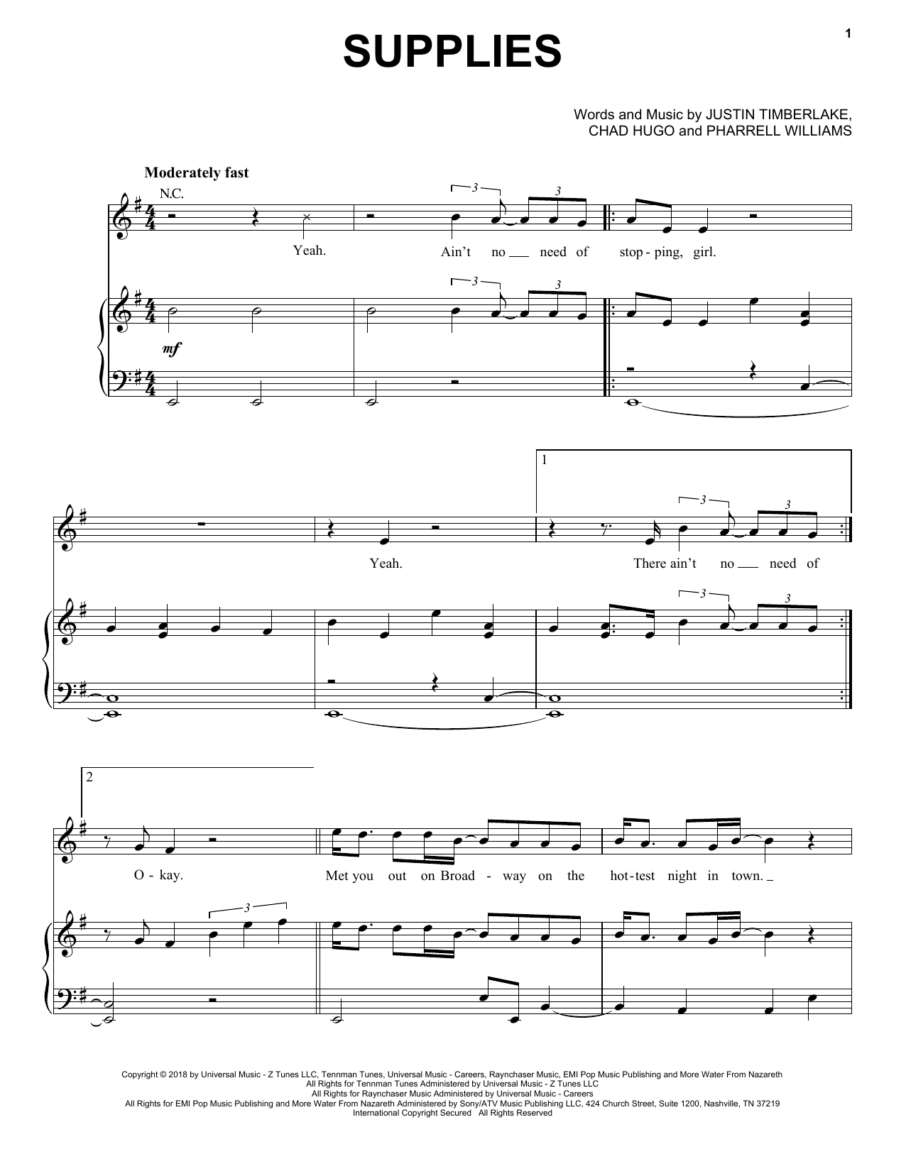Download Justin Timberlake Supplies Sheet Music and learn how to play Piano, Vocal & Guitar (Right-Hand Melody) PDF digital score in minutes