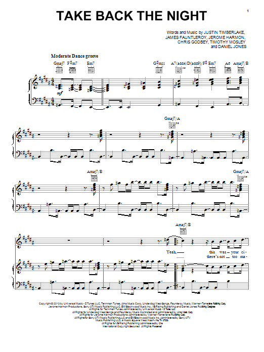 Download Justin Timberlake Take Back The Night Sheet Music and learn how to play Piano, Vocal & Guitar (Right-Hand Melody) PDF digital score in minutes