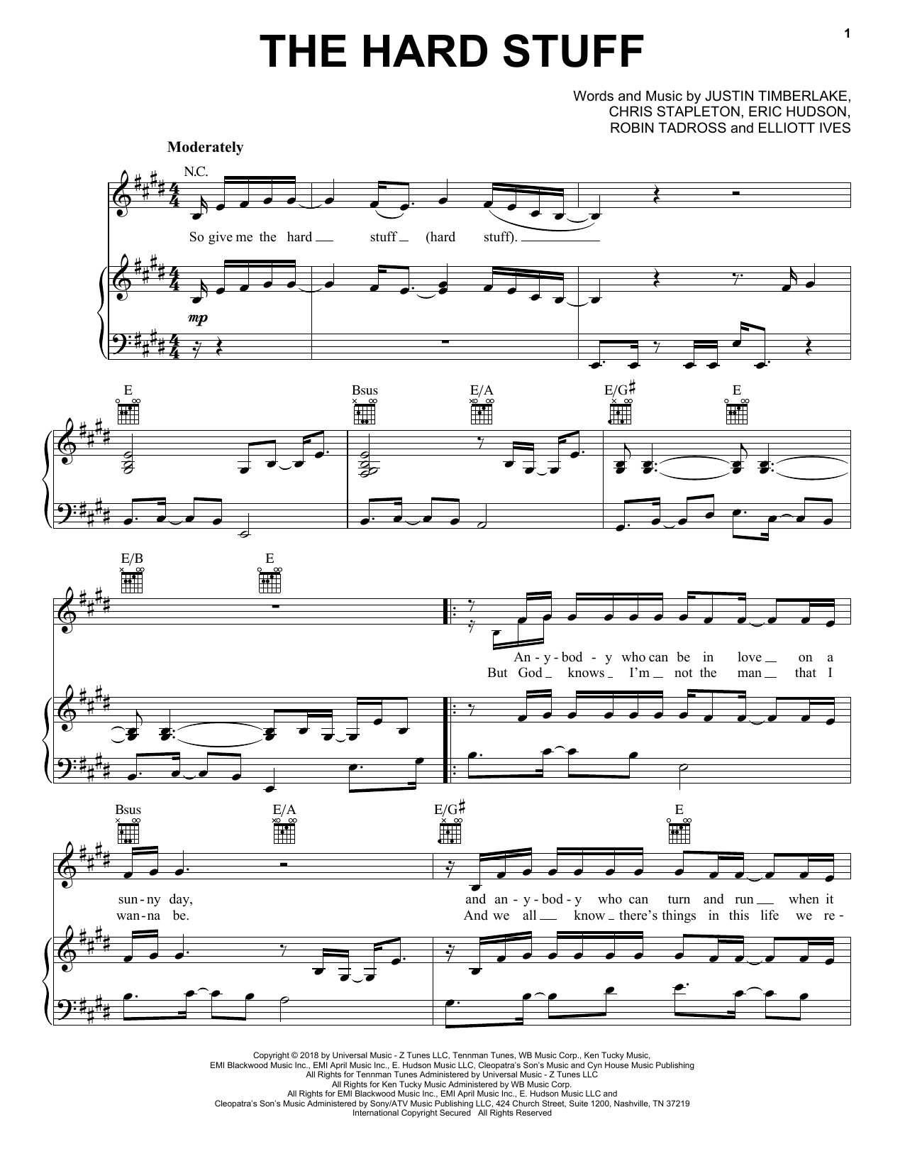 Download Justin Timberlake The Hard Stuff Sheet Music and learn how to play Piano, Vocal & Guitar (Right-Hand Melody) PDF digital score in minutes