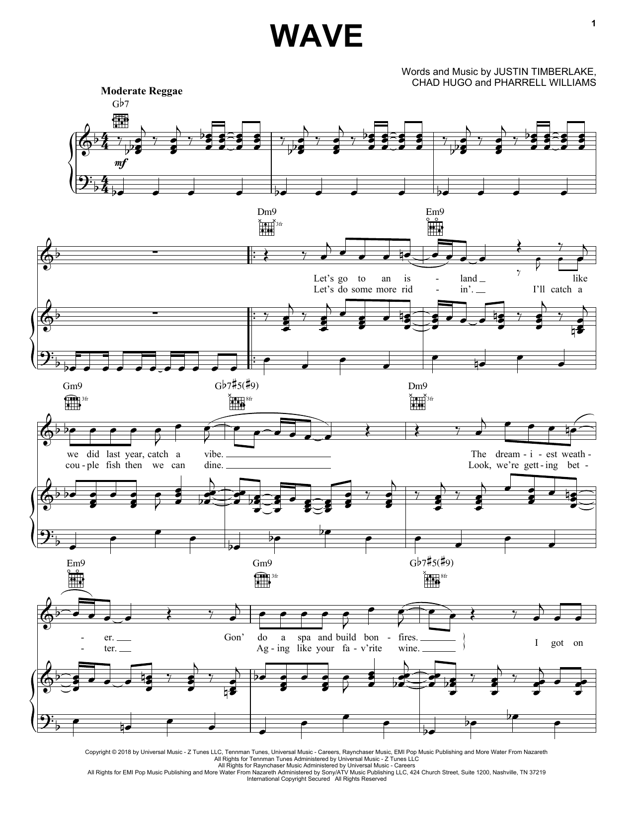 Download Justin Timberlake Wave Sheet Music and learn how to play Piano, Vocal & Guitar (Right-Hand Melody) PDF digital score in minutes