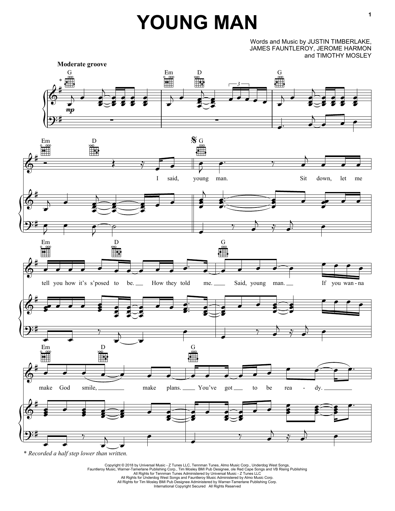 Download Justin Timberlake Young Man Sheet Music and learn how to play Piano, Vocal & Guitar (Right-Hand Melody) PDF digital score in minutes
