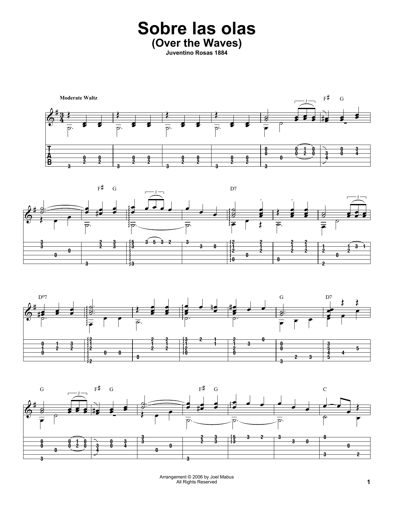 Download Juventino Rosas Over The Waves (arr. Joel Mabus) Sheet Music and learn how to play Solo Guitar PDF digital score in minutes