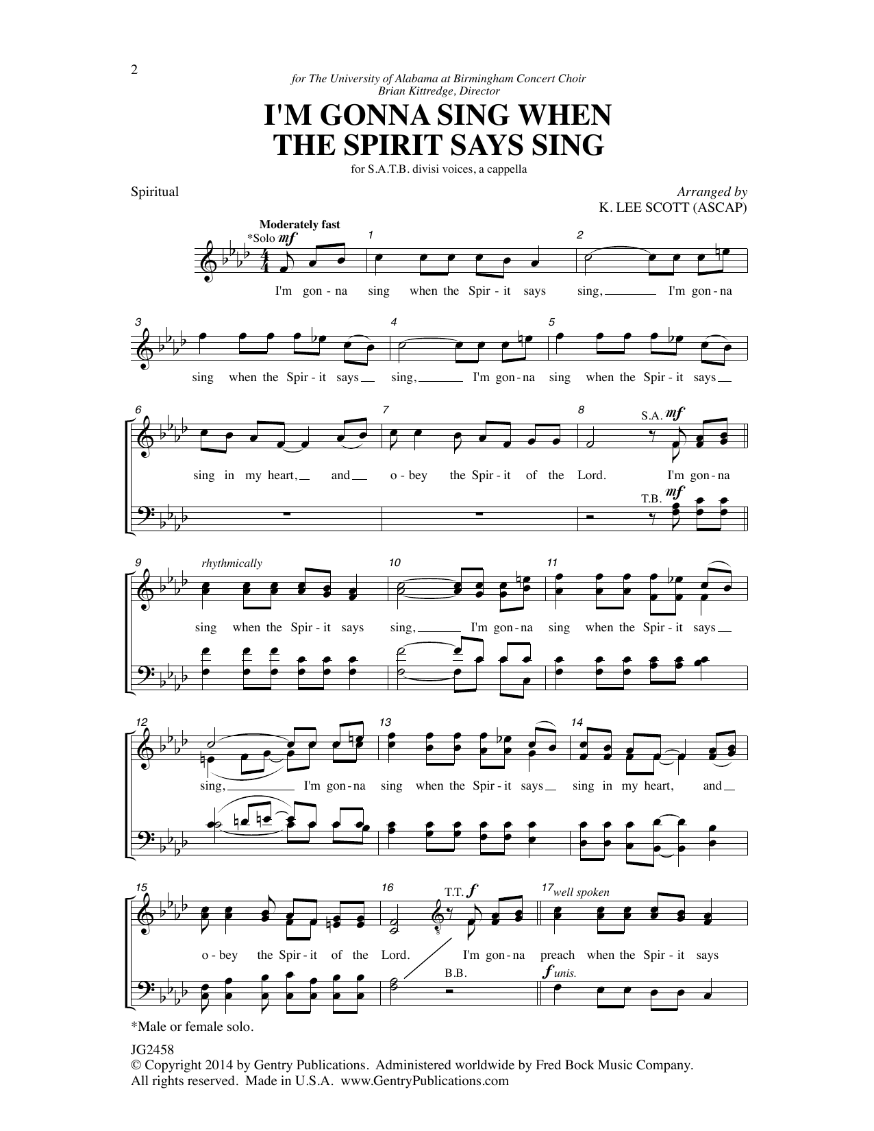 Download K. Lee Scott I'm Gonna Sing When the Spirit Says Sing Sheet Music and learn how to play SATB Choir PDF digital score in minutes