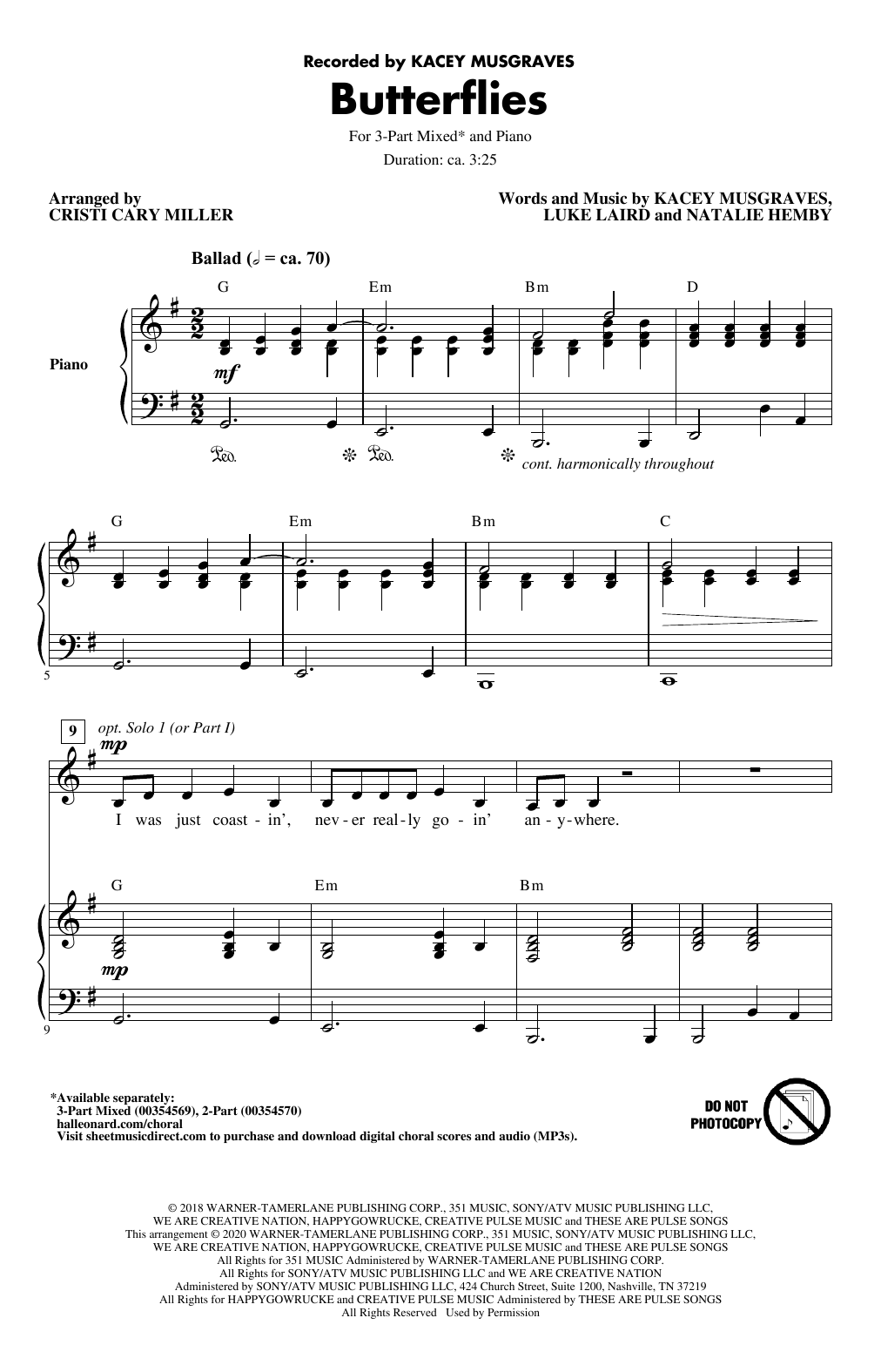 Download Kacey Musgraves Butterflies (arr. Cristi Cary Miller) Sheet Music and learn how to play 2-Part Choir PDF digital score in minutes