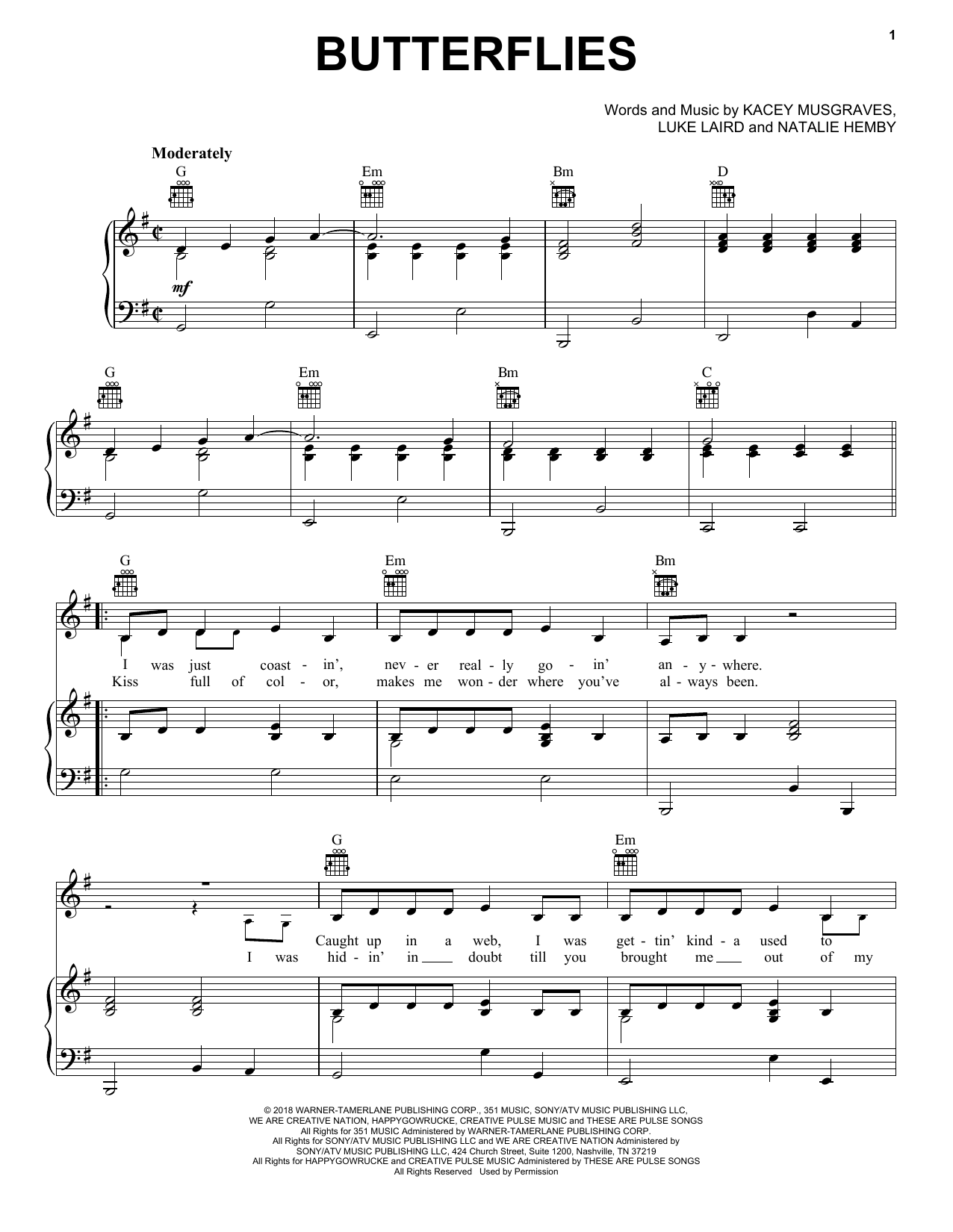Download Kacey Musgraves Butterflies Sheet Music and learn how to play Easy Piano PDF digital score in minutes