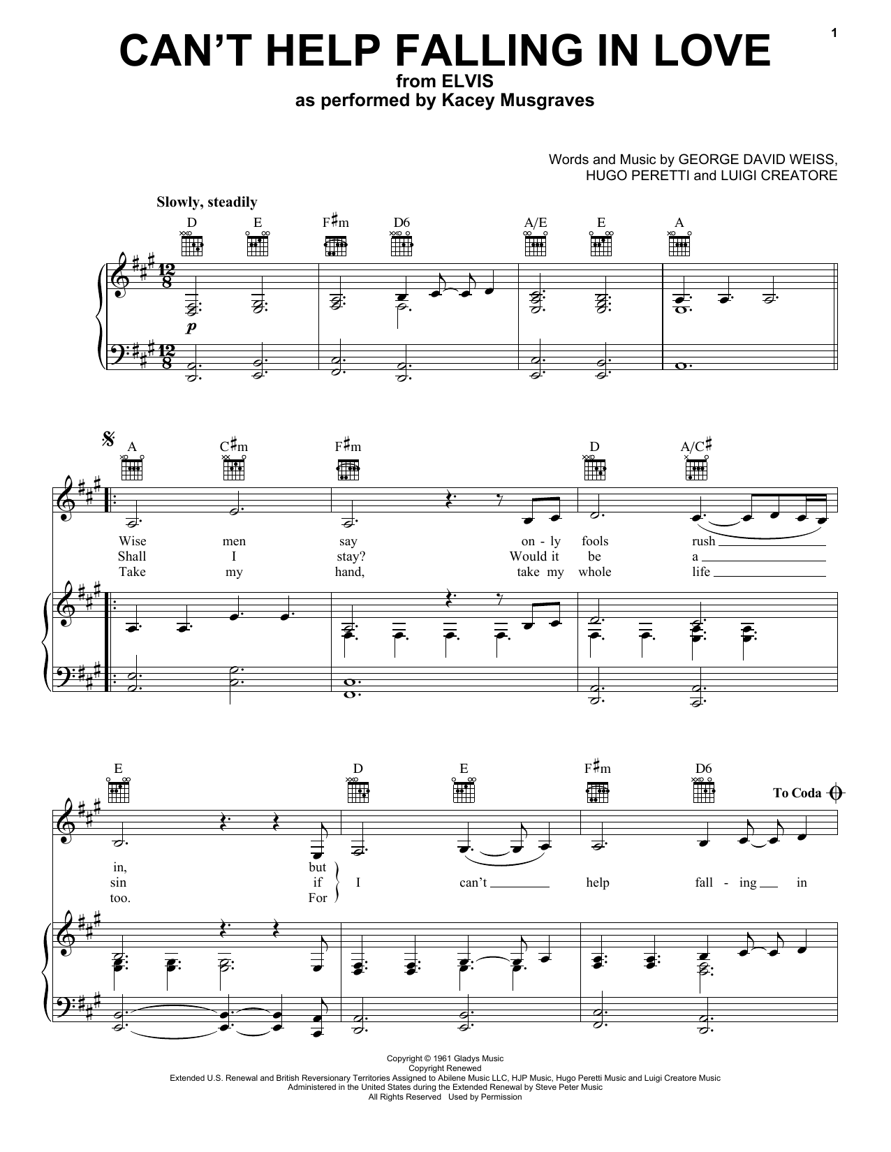 Download Kacey Musgraves Can't Help Falling In Love (from ELVIS) Sheet Music and learn how to play Piano, Vocal & Guitar Chords (Right-Hand Melody) PDF digital score in minutes