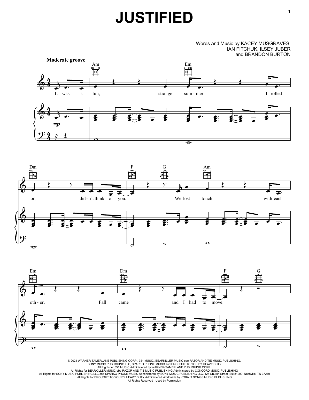 Download Kacey Musgraves Justified Sheet Music and learn how to play Piano, Vocal & Guitar Chords (Right-Hand Melody) PDF digital score in minutes