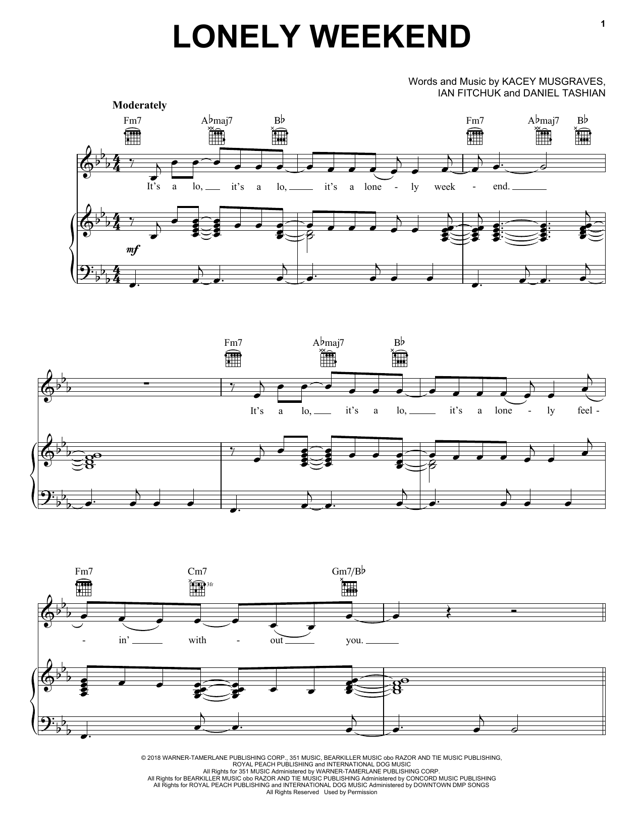 Download Kacey Musgraves Lonely Weekend Sheet Music and learn how to play Piano, Vocal & Guitar Chords (Right-Hand Melody) PDF digital score in minutes