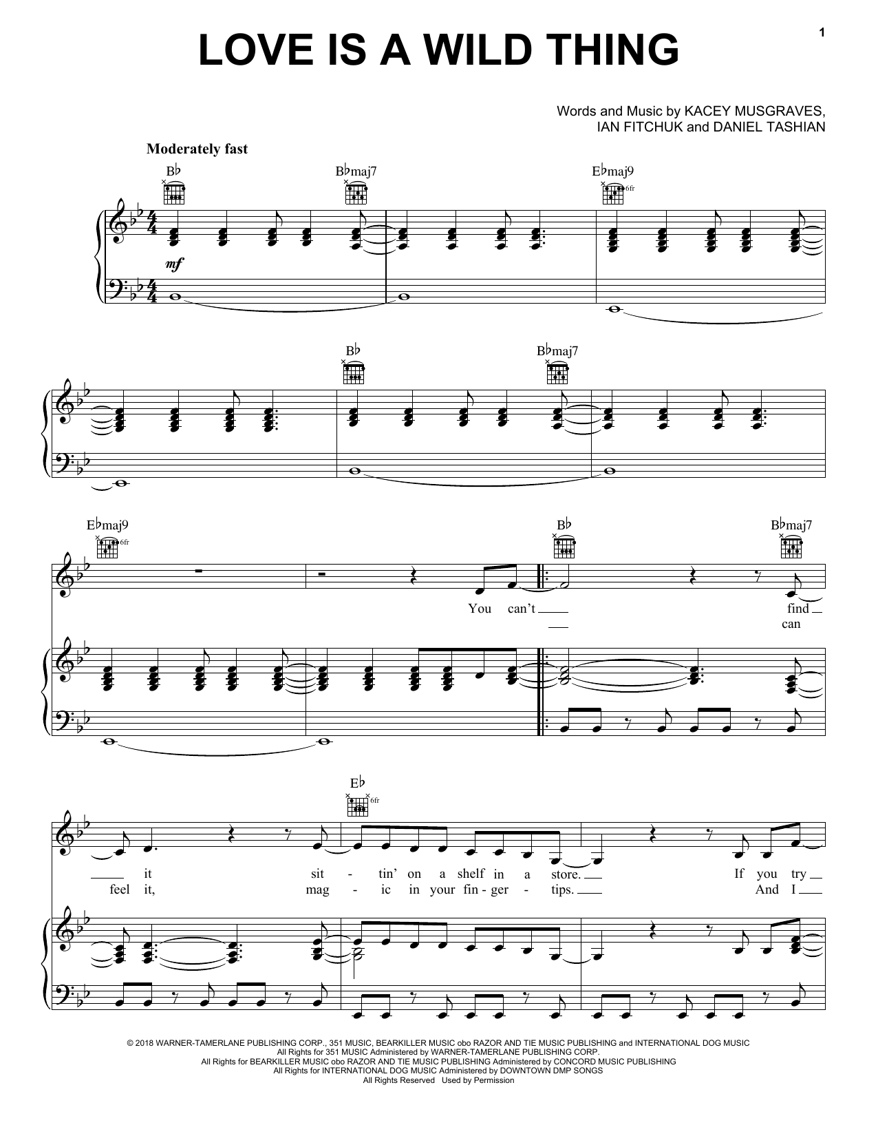 Download Kacey Musgraves Love Is A Wild Thing Sheet Music and learn how to play Piano, Vocal & Guitar Chords (Right-Hand Melody) PDF digital score in minutes