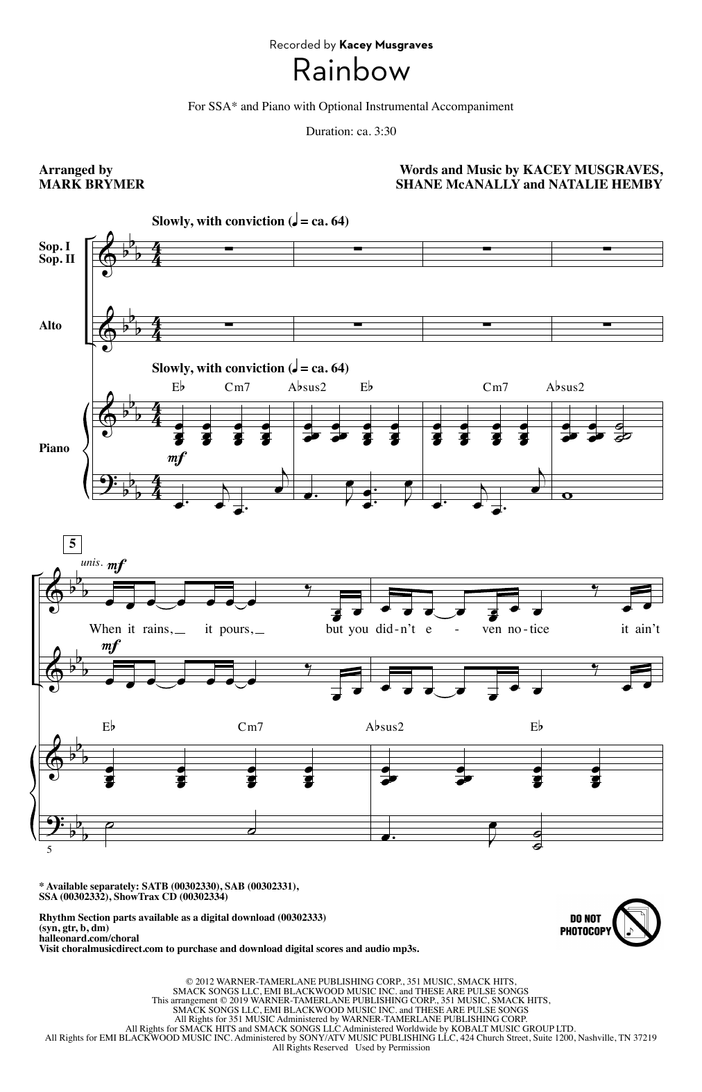 Download Kacey Musgraves Rainbow (arr. Mark Brymer) Sheet Music and learn how to play SAB Choir PDF digital score in minutes