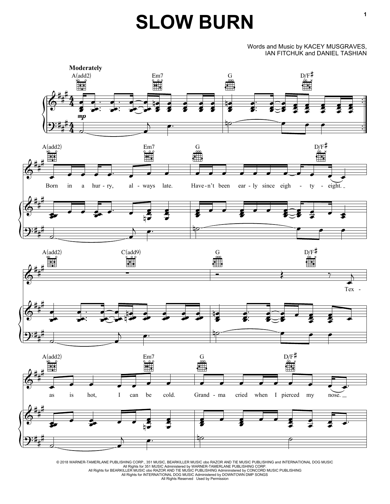 Download Kacey Musgraves Slow Burn Sheet Music and learn how to play Piano, Vocal & Guitar Chords (Right-Hand Melody) PDF digital score in minutes