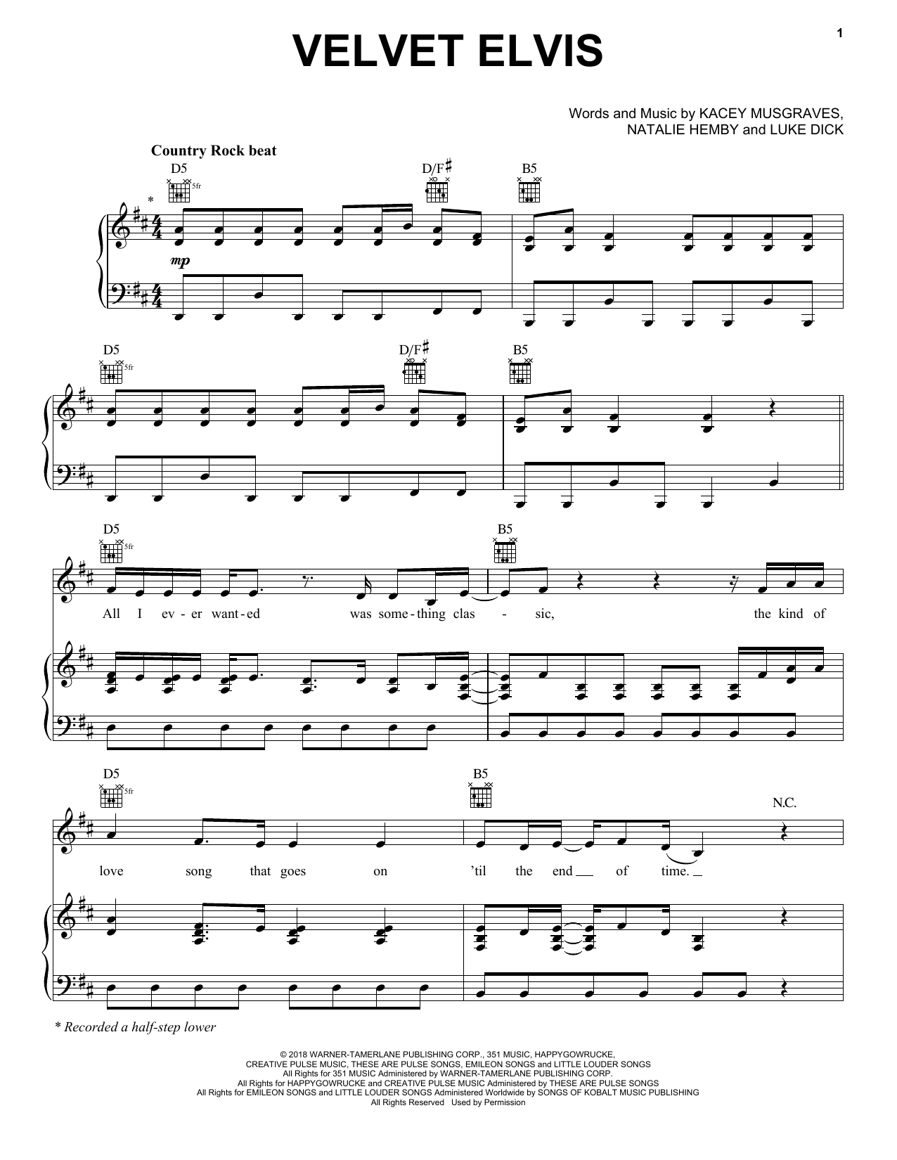 Download Kacey Musgraves Velvet Elvis Sheet Music and learn how to play Piano, Vocal & Guitar Chords (Right-Hand Melody) PDF digital score in minutes