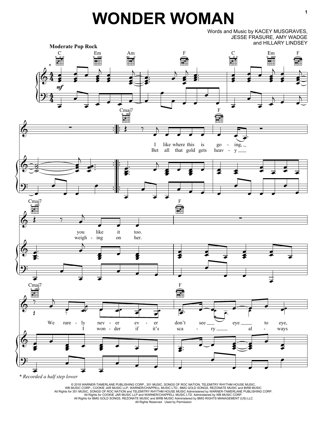 Download Kacey Musgraves Wonder Woman Sheet Music and learn how to play Piano, Vocal & Guitar Chords (Right-Hand Melody) PDF digital score in minutes