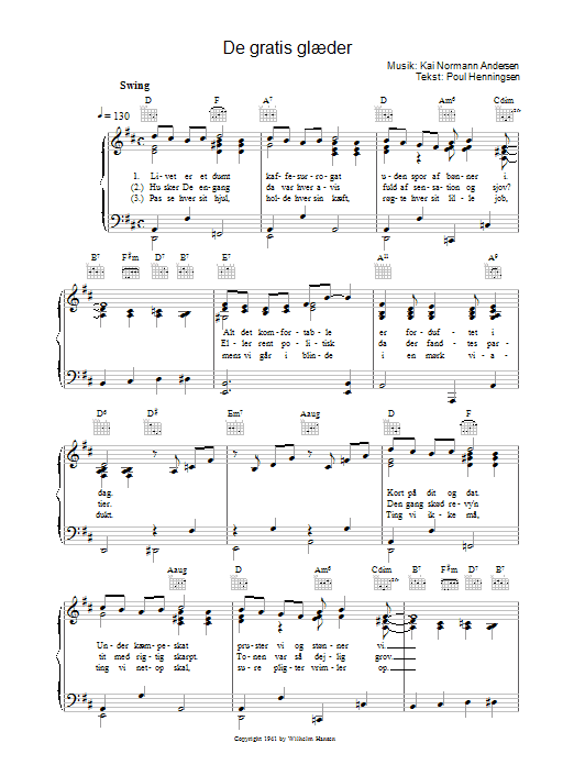 Download Kai Normann Andersen De Gratis Glaeder Sheet Music and learn how to play Melody Line, Lyrics & Chords PDF digital score in minutes