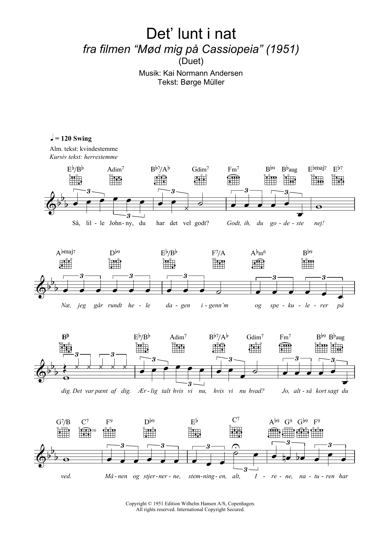 Download Kai Normann Andersen Det' Lunt I Nat Sheet Music and learn how to play Melody Line, Lyrics & Chords PDF digital score in minutes
