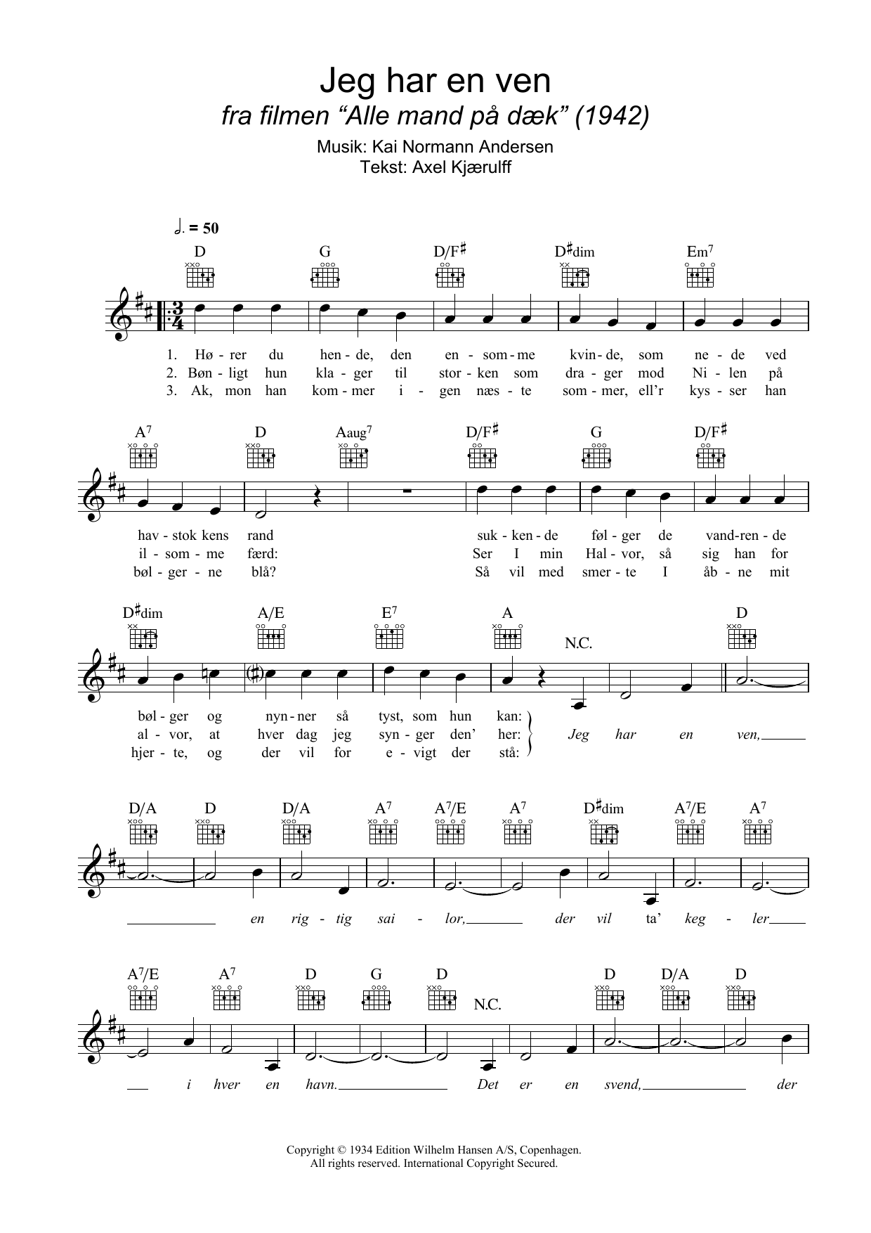 Download Kai Normann Andersen Jeg Har En Ven Sheet Music and learn how to play Melody Line, Lyrics & Chords PDF digital score in minutes