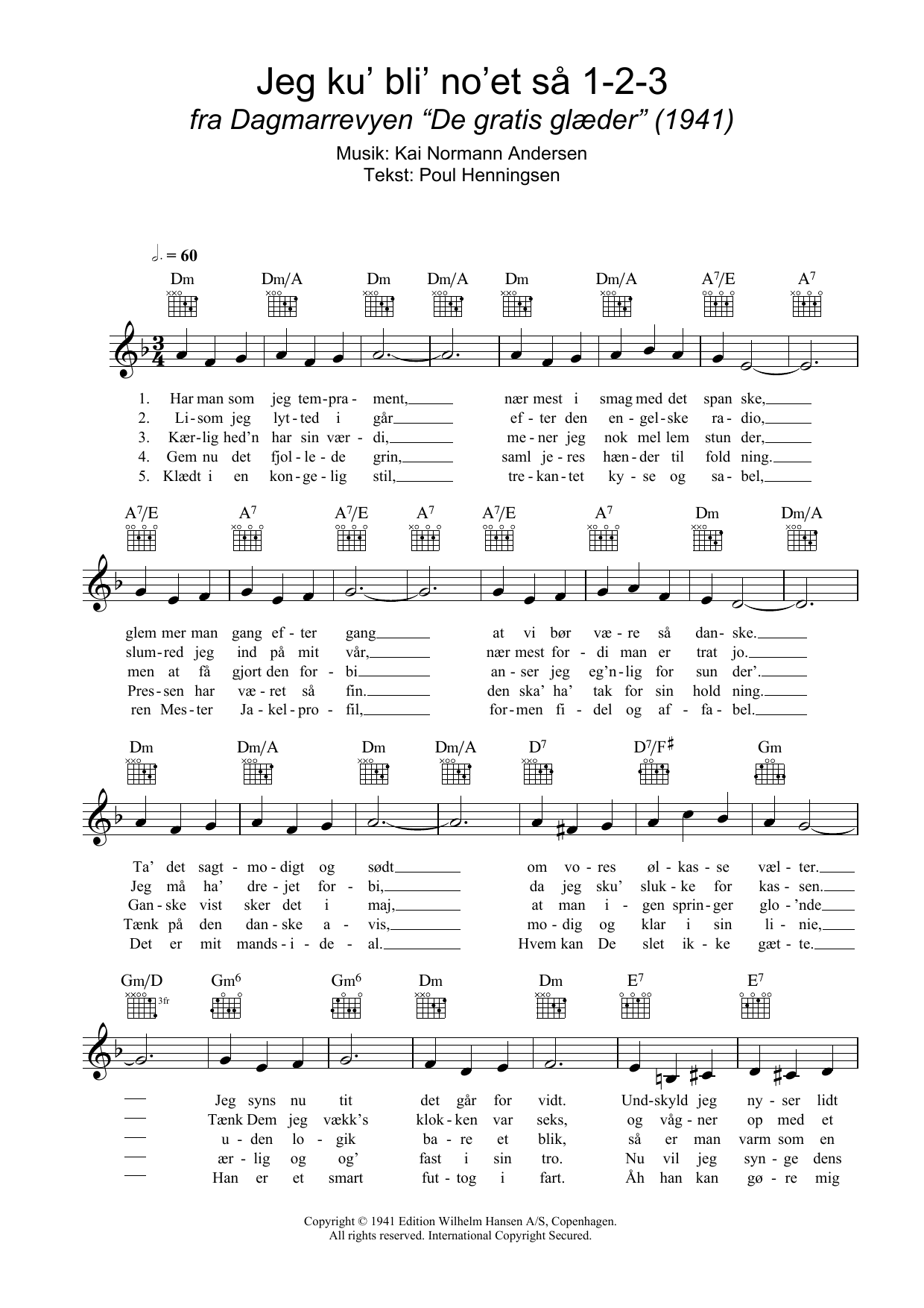 Download Kai Normann Andersen Jeg Ku' Bli' No'et Så 1-2-3 Sheet Music and learn how to play Melody Line, Lyrics & Chords PDF digital score in minutes
