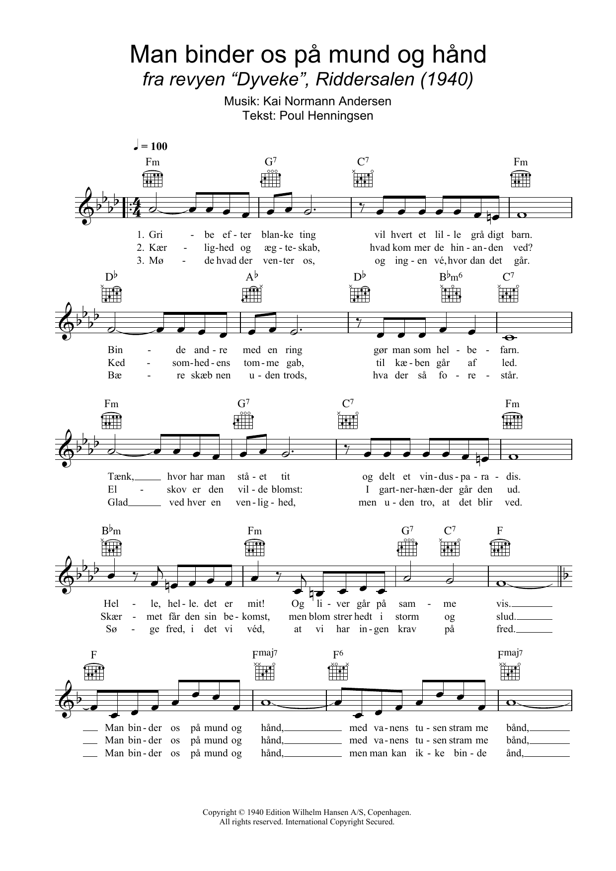 Download Kai Normann Andersen Man Binder Os På Mund Og Hånd Sheet Music and learn how to play Melody Line, Lyrics & Chords PDF digital score in minutes